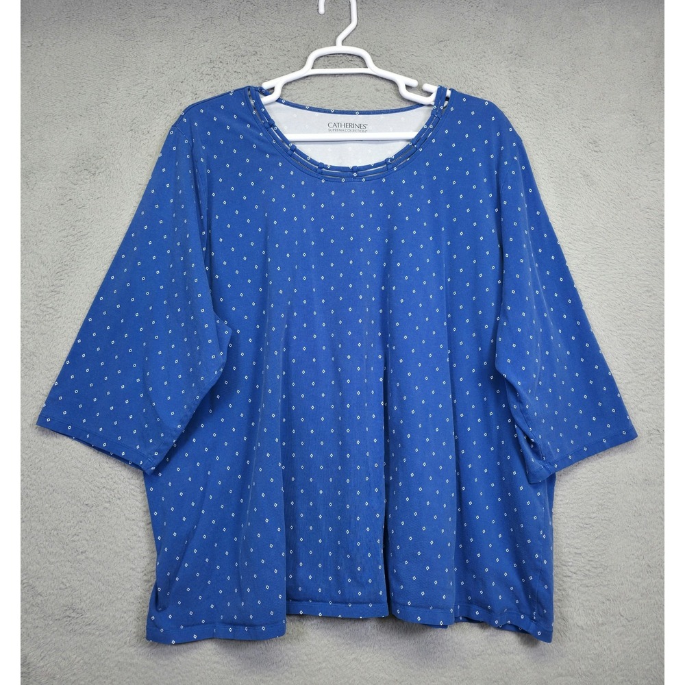 Catherines Top Womens‎ 5X Blue Cutout Neck Diamond Relaxed Flowy Stretch Lounge